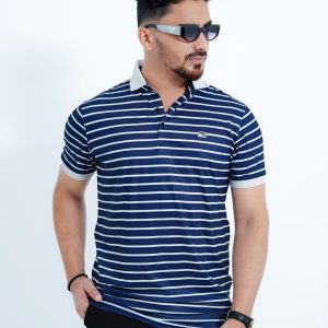 Men's Premium Navy Blue & White Striped China Stitch Polo Shirt