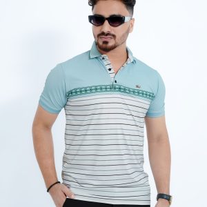 Men's Premium Sky Blue & White Striped China Stitch Polo Shirt