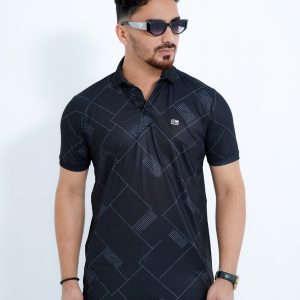 Men's Premium Black Geometric Print China Stitch Polo Shirt