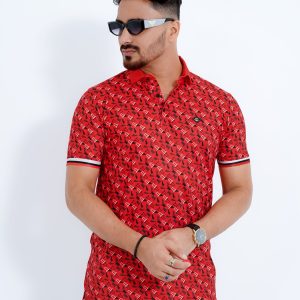 Men's Premium Red Geometric Print China Stitch Polo Shirt