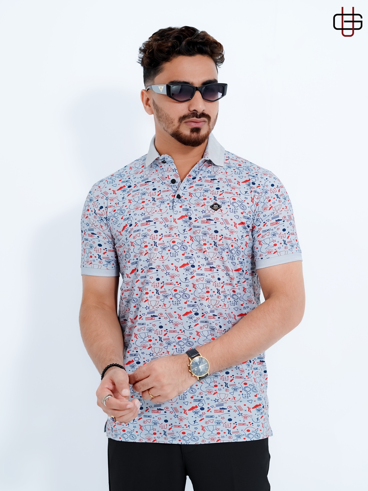 Men's Premium Light Grey Printed China Stitch Polo Shirt