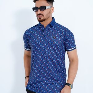 Men's Premium Blue Geometric Printed China Stitch Polo Shirt