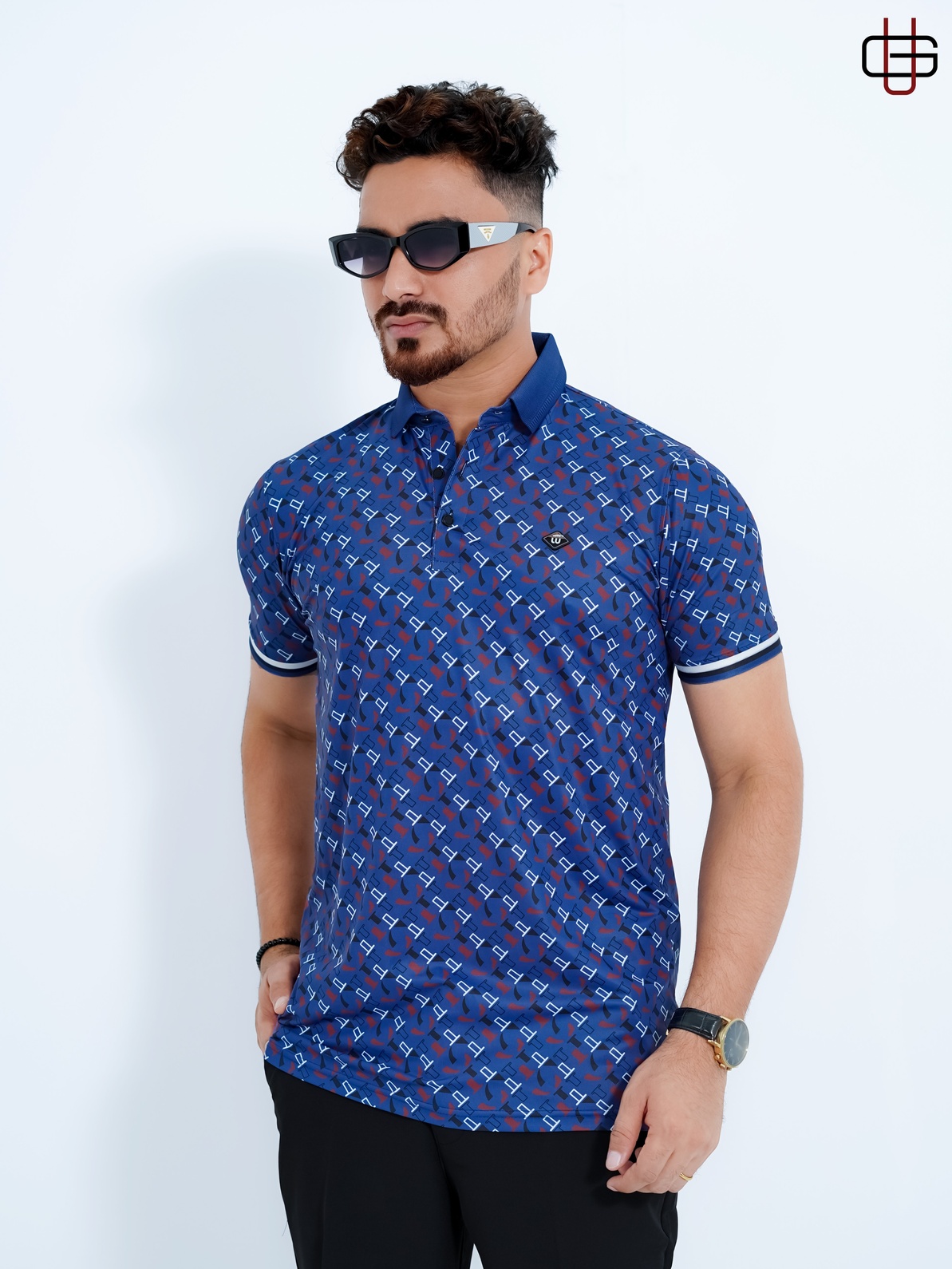 Men's Premium Blue Geometric Printed China Stitch Polo Shirt