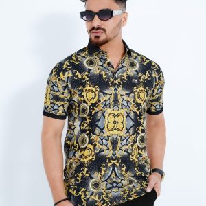 Men's Premium Luxury Black & Gold Baroque Print China Stitch Polo Shirt