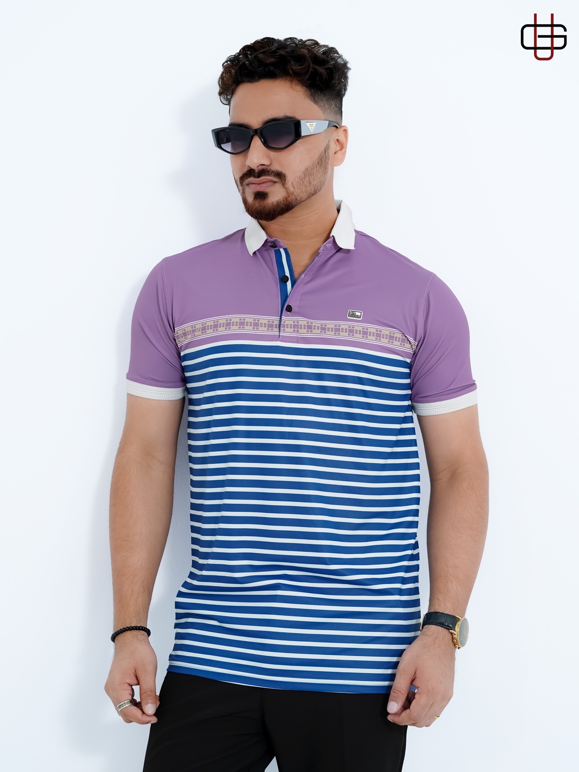 Men's Premium Lavender & Royal Blue Striped China Stitch Polo Shirt