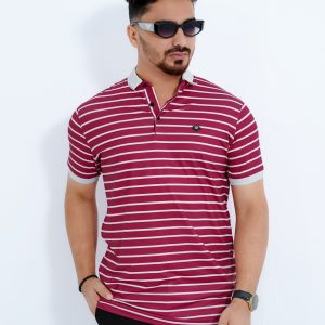Men's Premium Maroon & White Striped China Stitch Polo T-shirt