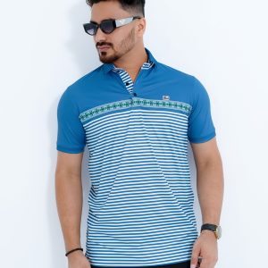 Men's Premium Blue & White Striped China Stitch Polo Shirt