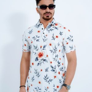 Men's Premium White Floral Printed China Stitch Polo Shirt