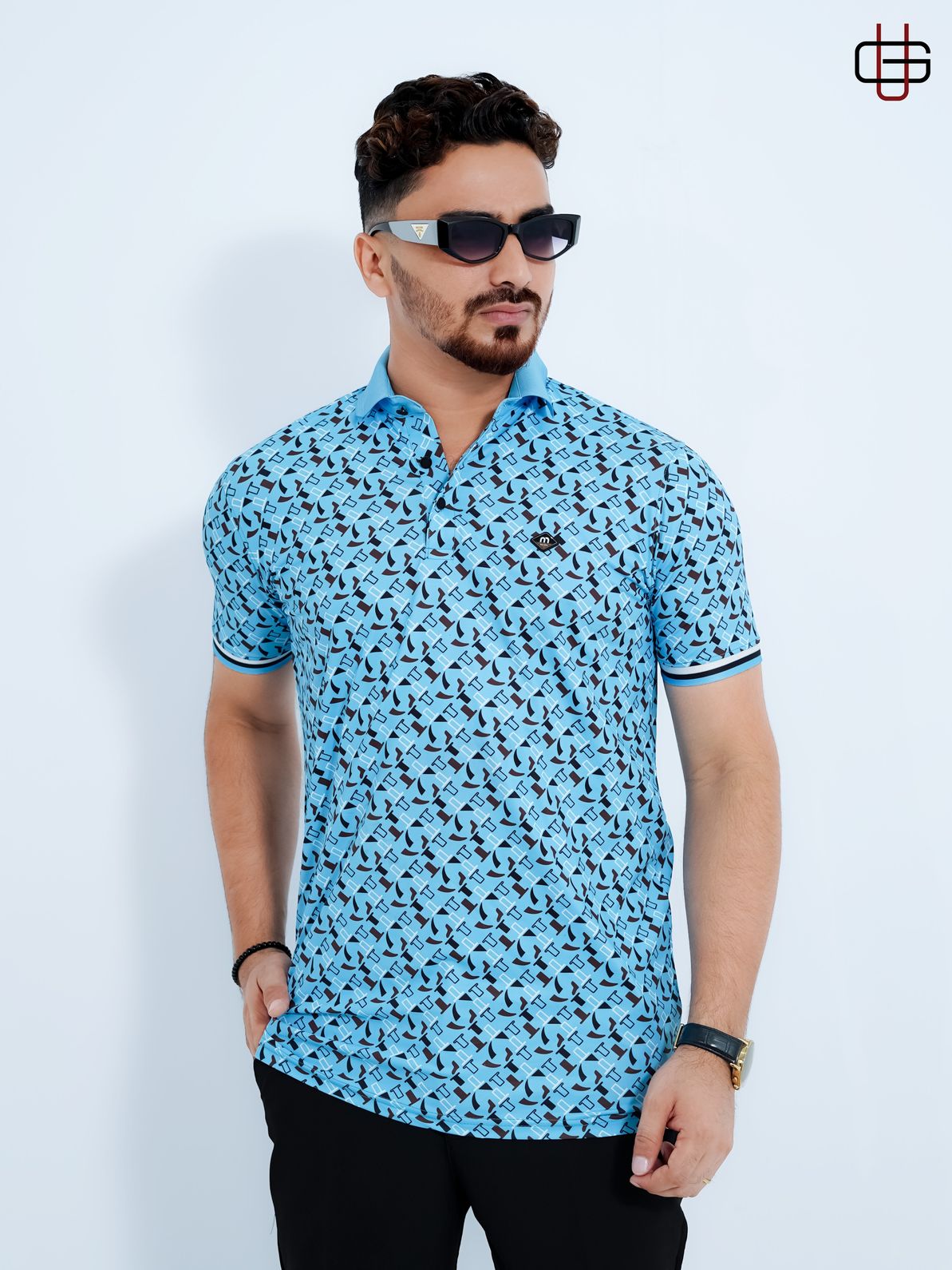 Men's Premium Sky Blue Geometric Printed China Stitch Polo Shirt